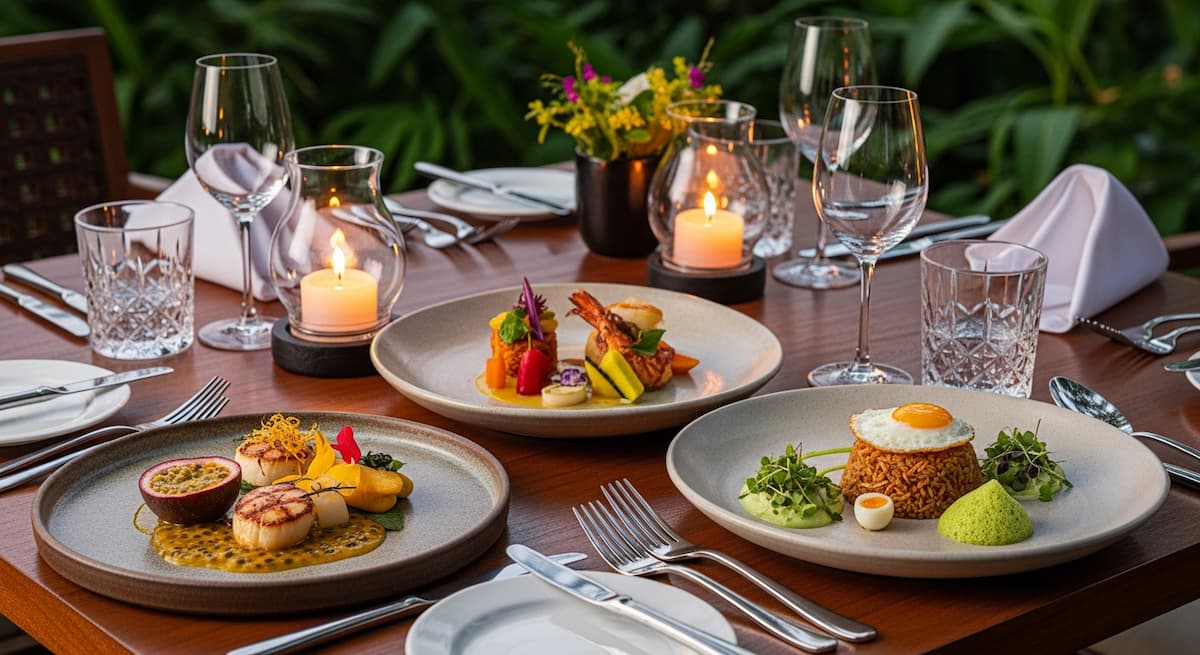 Presentación de platos gourmet de cocina fusión del Sudeste Asiático