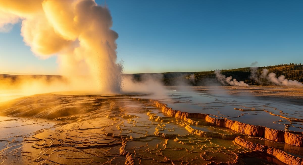 Géiser activo en Yellowstone expulsando vapor a alta presión contra un cielo azul profundo
