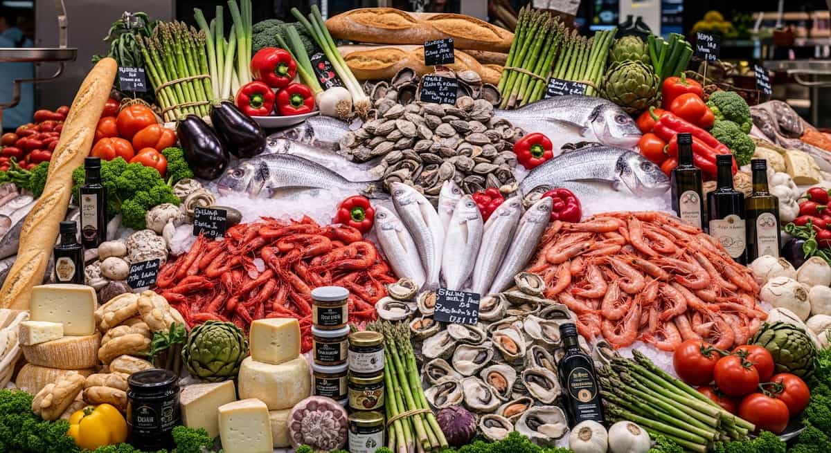 Ingredientes frescos y de alta calidad en un mercado tradicional de San Sebastián, mostrando la materia prima local