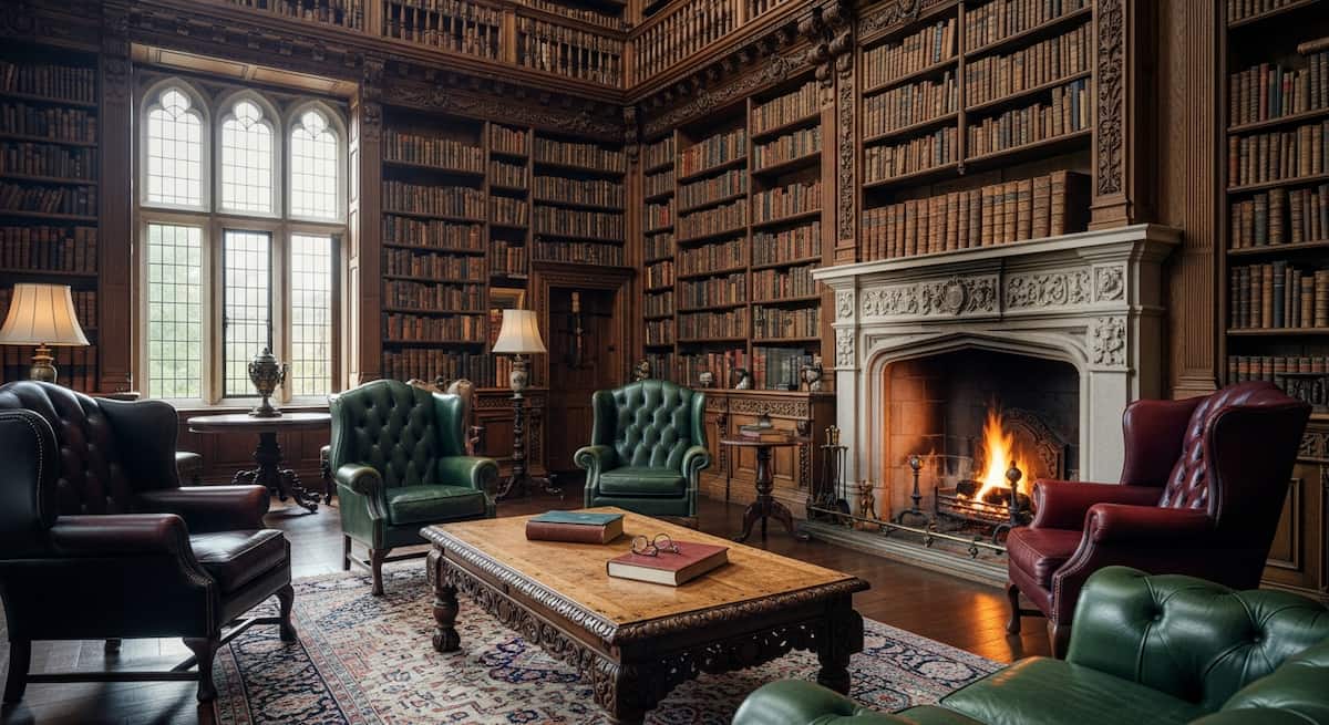 Biblioteca antigua en castillo hotel irlandés con estanterías de roble y sillones de cuero