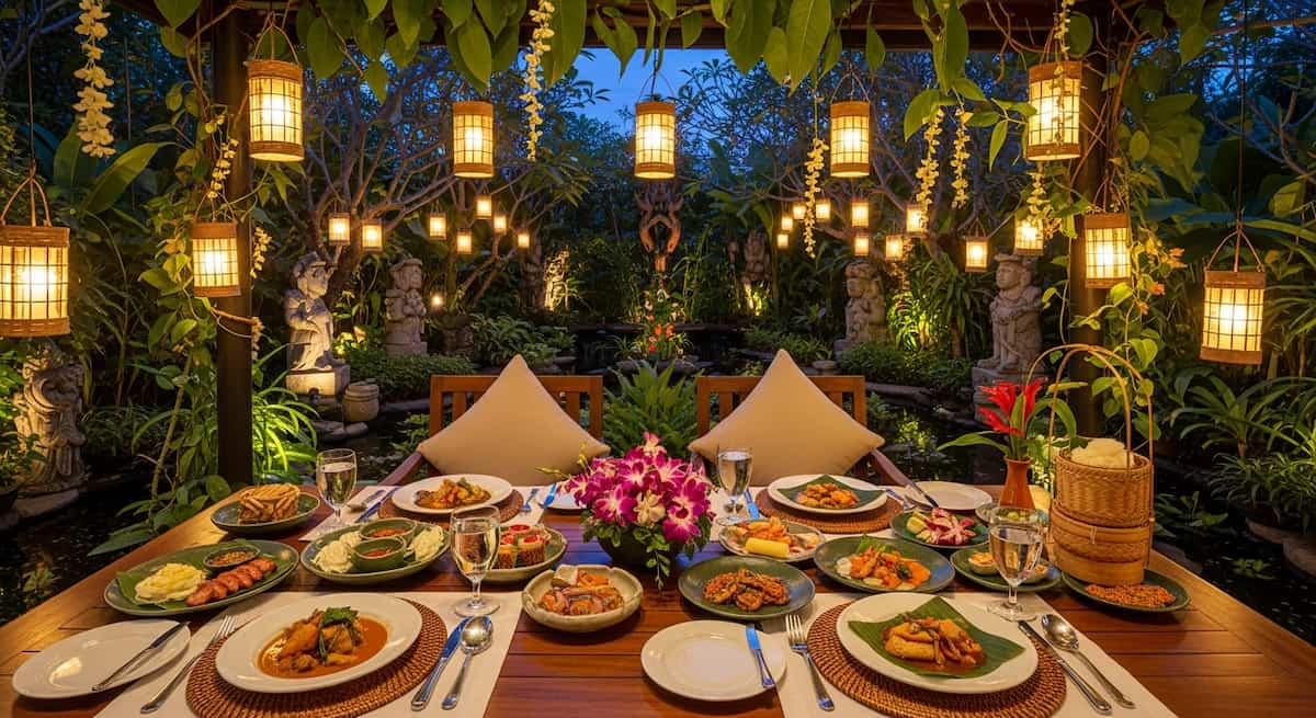 Cena privada al aire libre en jardín de hotel boutique en el norte de Tailandia con platos tradicionales y luces cálidas