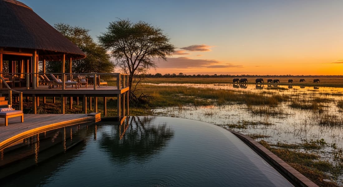 Lodge de lujo integrado en la naturaleza del Delta del Okavango con piscina infinita frente a la marisma