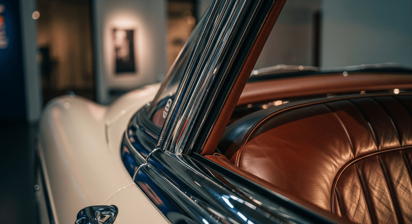 Detalle técnico de un coche clásico de lujo, cuero y cromo, en un entorno de museo privado