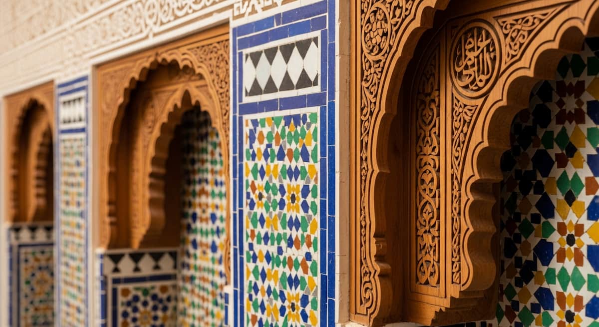 Detalle técnico de zellige cortado a mano y madera de cedro tallada en un riad de lujo