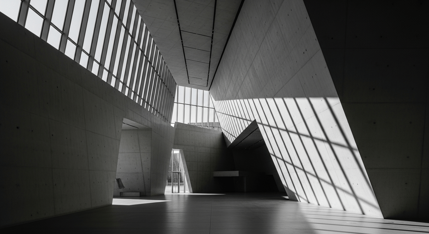 Arquitectura moderna de un museo con líneas limpias y materiales técnicos avanzados