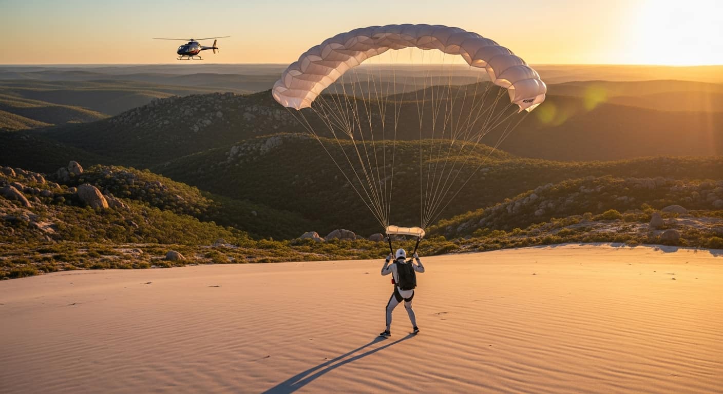 Aterrizaje de paracaidismo de lujo en entorno natural remoto con equipo técnico