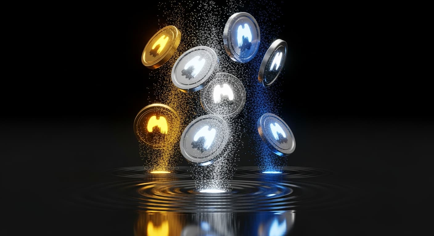 Representación abstracta de puntos volátiles o tokens cayendo, reflejando la devaluación programas lealtad lujo.