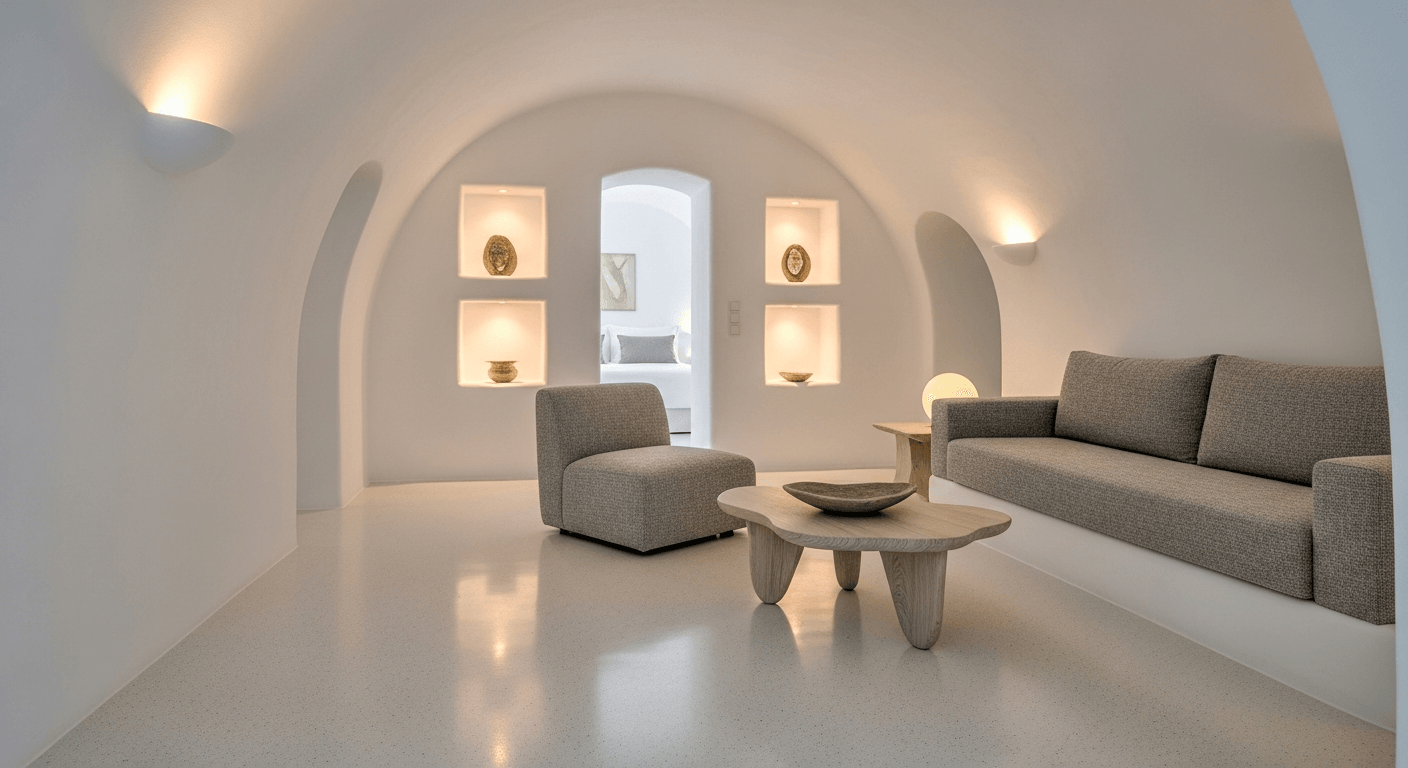 Interior técnico de una suite cueva en Santorini con acabados de microcemento y control climático integrado