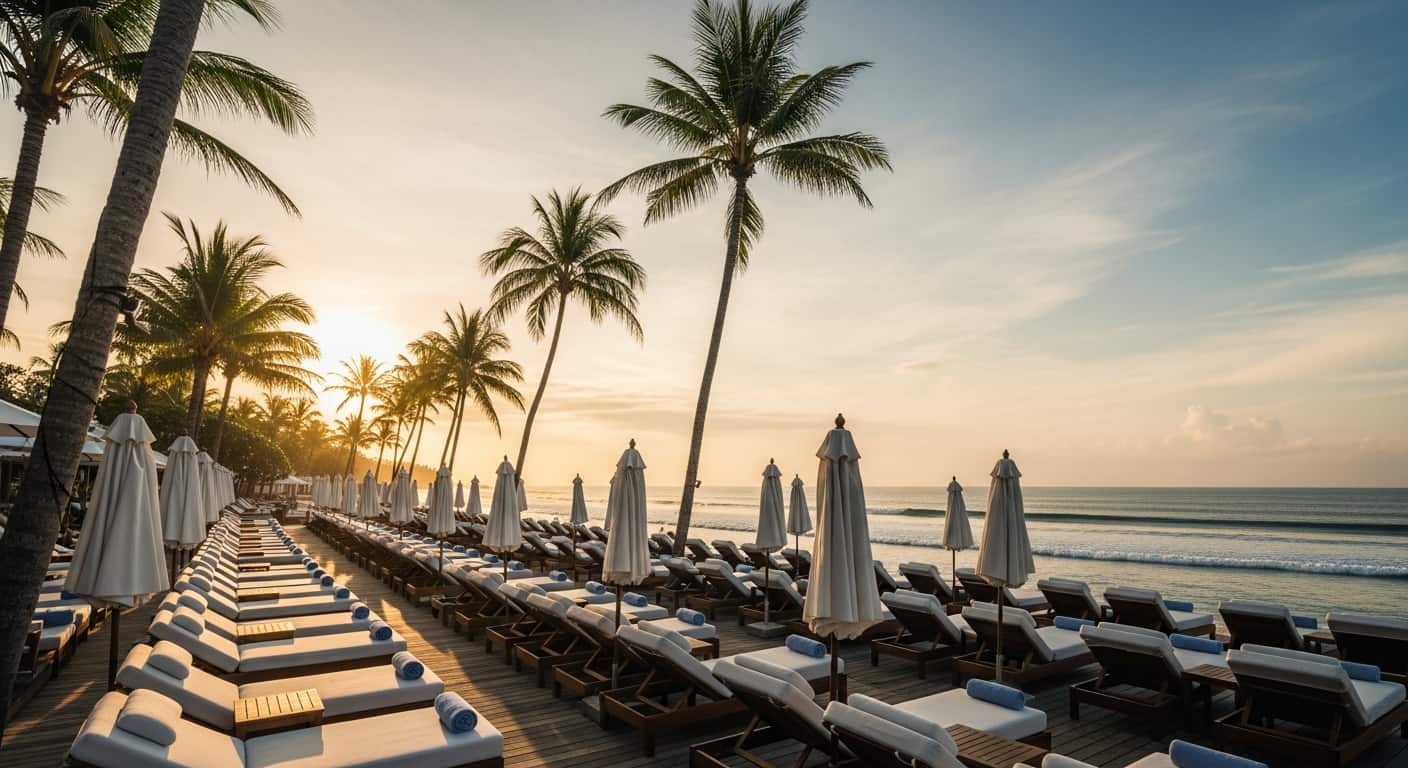Club de playa de lujo en Seminyak, Bali, con tumbonas al atardecer
