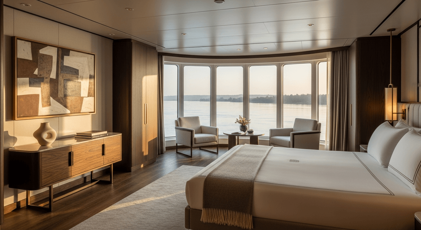 Interior de una suite de lujo en un crucero por el Nilo con ventanales de suelo a techo y acabados en madera noble