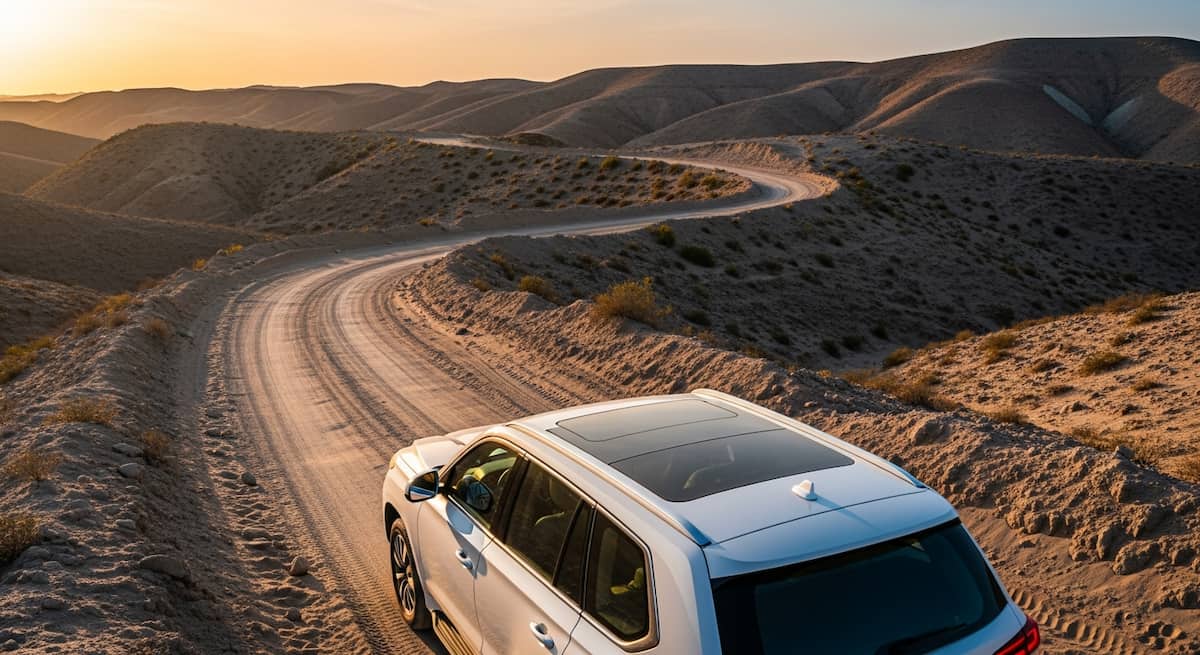 SUV de lujo atravesando camino de tierra en colinas desérticas de Ica, Perú