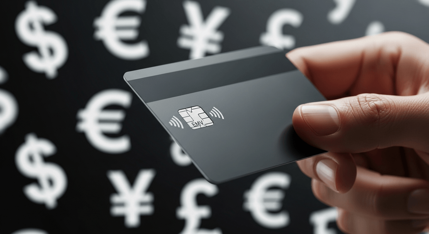 Detalle de una mano sosteniendo una tarjeta de crédito o débito moderna Fintech con un mapa del mundo o múltiples divisas en el fondo, simbolizando las comisiones ocultas cambio divisas lujo evitadas.