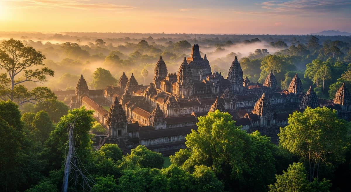 Complejo de templos antiguos en el Sudeste Asiático bajo luz dorada de atardecer