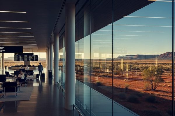 Contraste de Australia: Terminal de aeropuerto moderna y lujosa en primer plano junto al desierto rojo, simbolizando la compleja logística de los viajes de alta gama