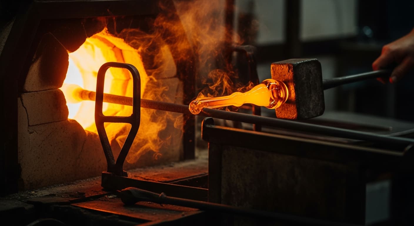 Maestro vidriero en Murano soplándo vidrio artesanal frente a horno tradicional