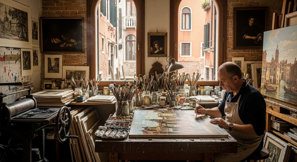 Taller privado de arte en Venecia con maestro local trabajando en pintura al óleo y estampas antiguas