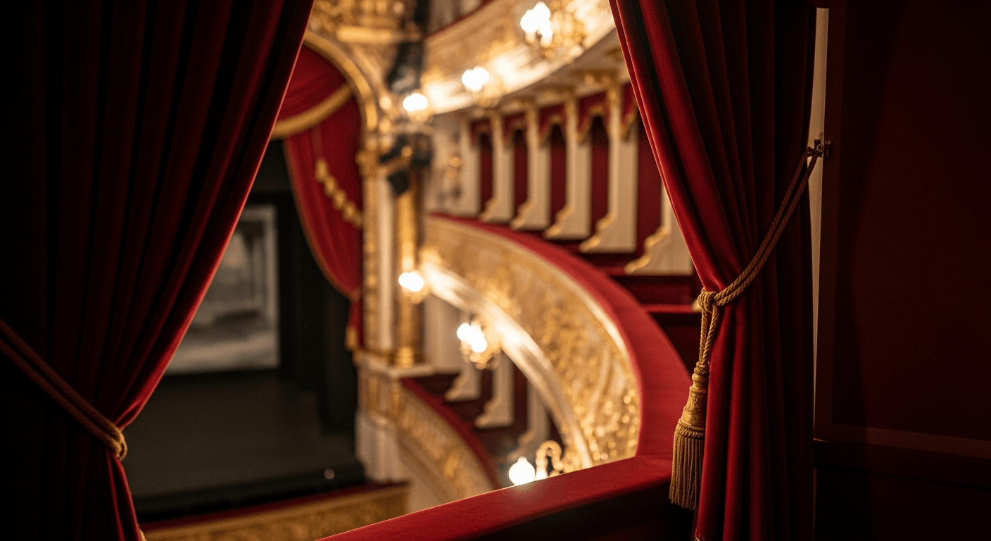 Vista detallada desde un palco de ópera barroco con acabados en oro y terciopelo rojo.