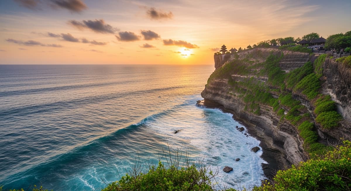 Vista panorámica desde un resort en el acantilado de Uluwatu al atardecer