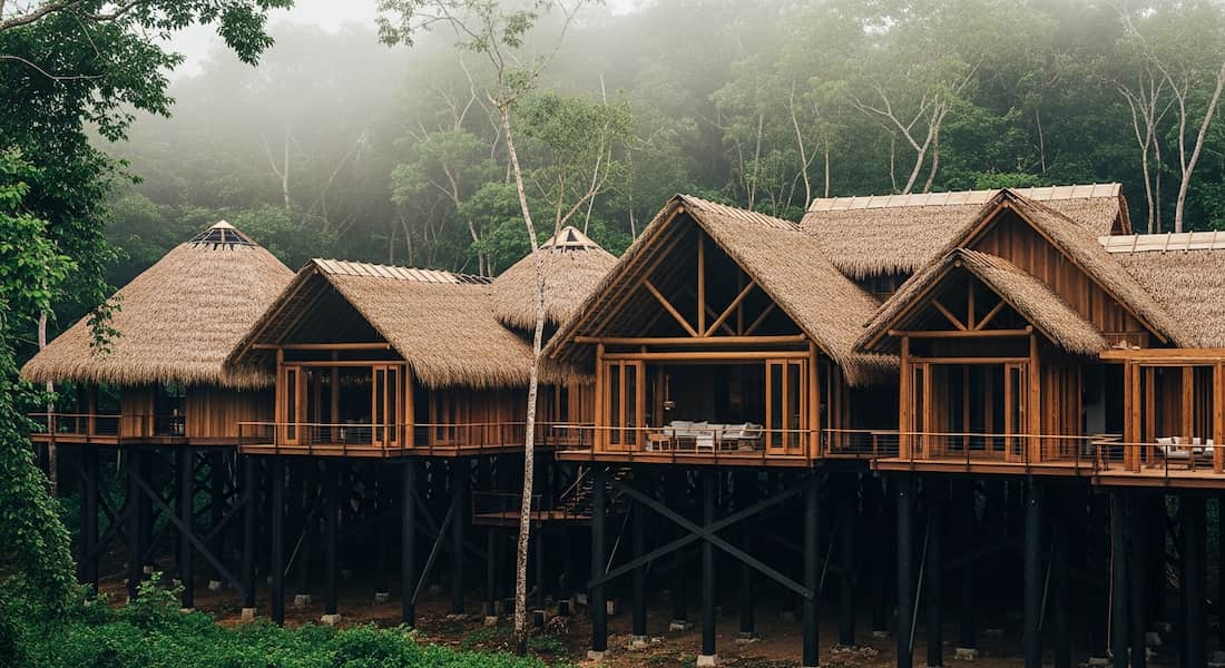 Detalle de construcción en madera certificada y sistemas de ventilación natural en lodge
