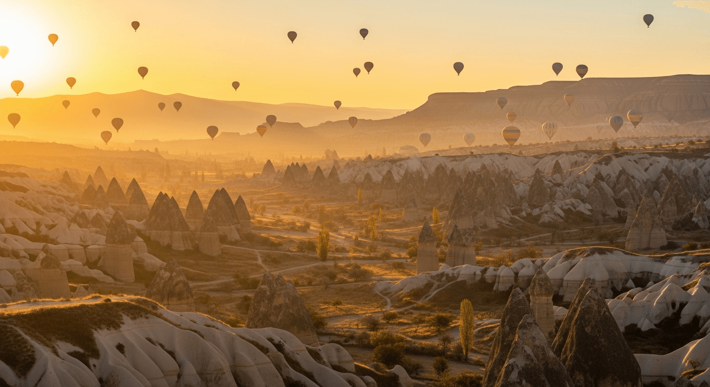 Vuelo privado en globo sobre los valles de Capadocia con formaciones rocosas al amanecer