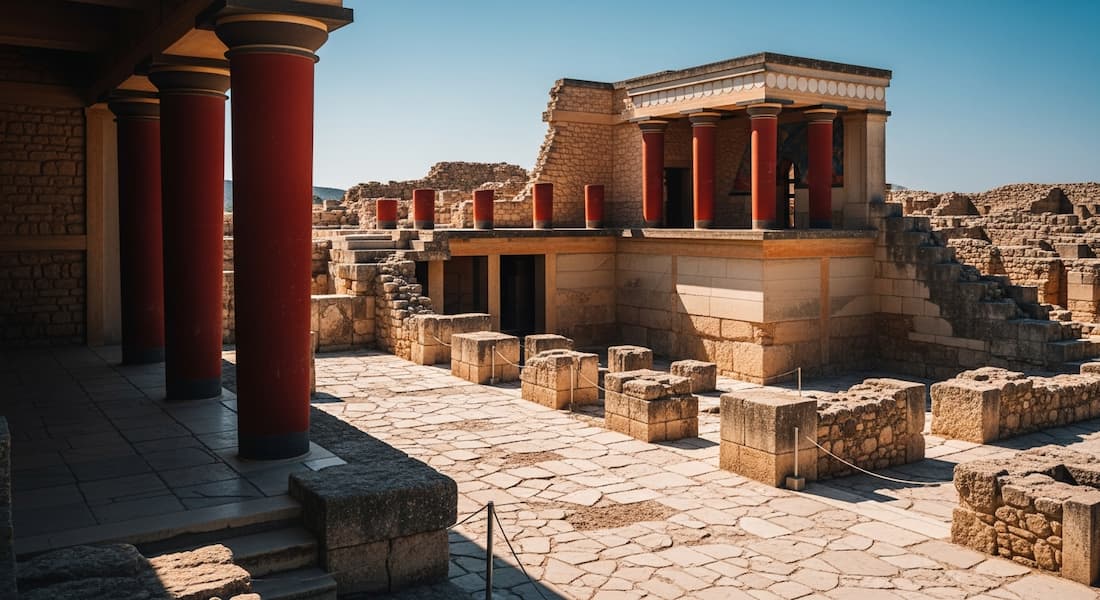 Detalle de los frescos y arquitectura del Palacio de Cnosos en Creta
