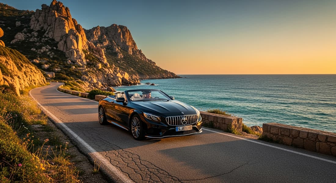 Coche de alta gama recorriendo la carretera costera de Cerdeña al atardecer
