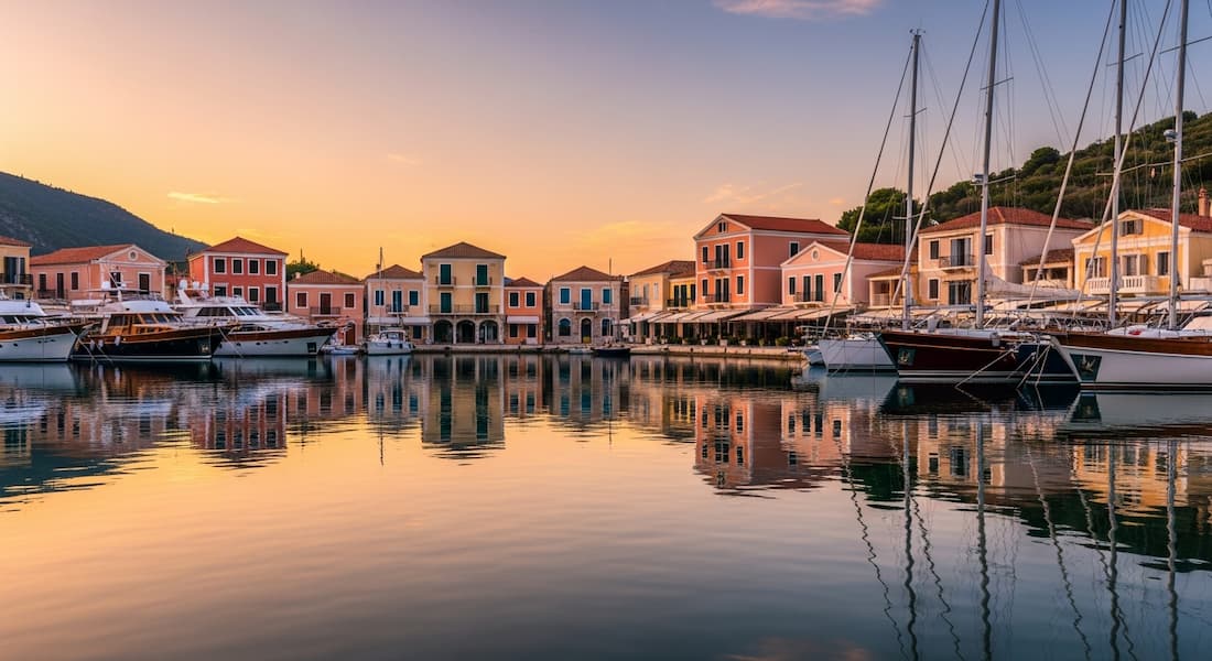 La Elegancia de Fiskardo Puerto deportivo de Fiskardo con edificios venecianos de colores