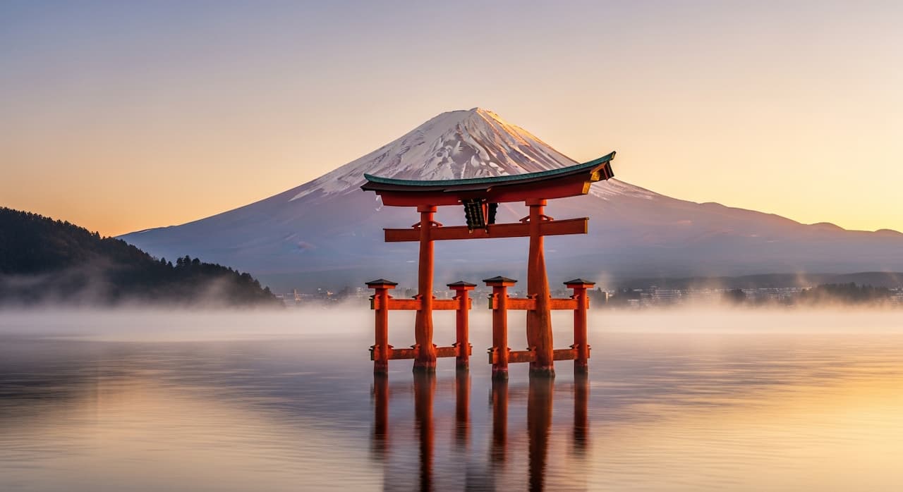 Santuario Hakone - Lago Ashi y Torii Torii rojo flotante en el lago Ashi con monte Fuji al fondo en Hakone