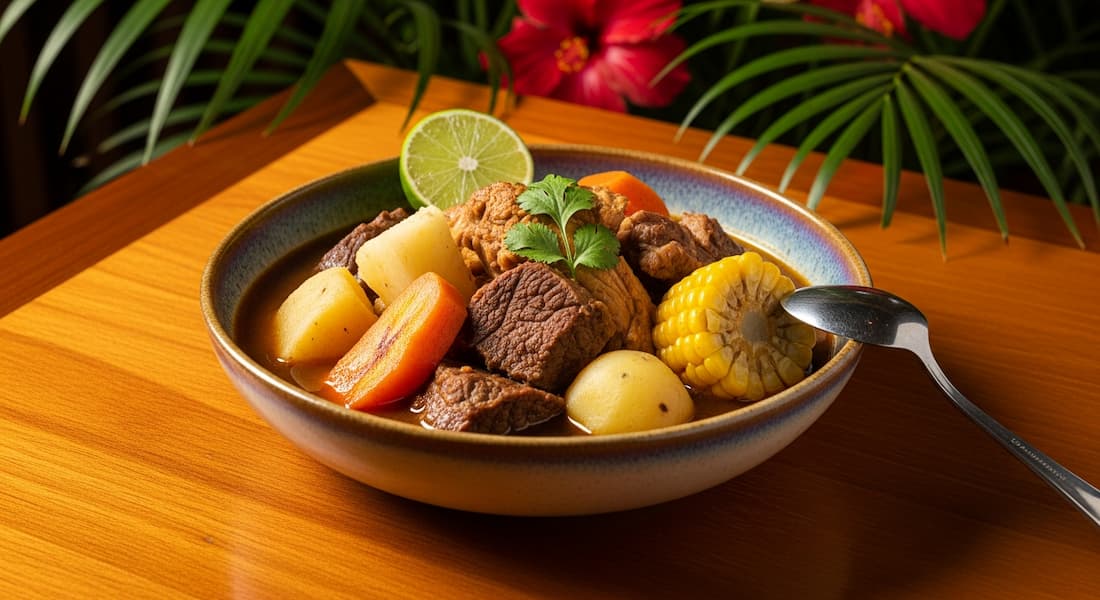 Sabor y Tradición Dominicana Plato de sancocho dominicano gourmet en un restaurante durante un viaje de lujo a República Dominicana