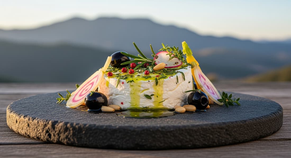 Sabores de la Sierra Plato de alta cocina con productos regionales de Traslasierra en un entorno de montaña