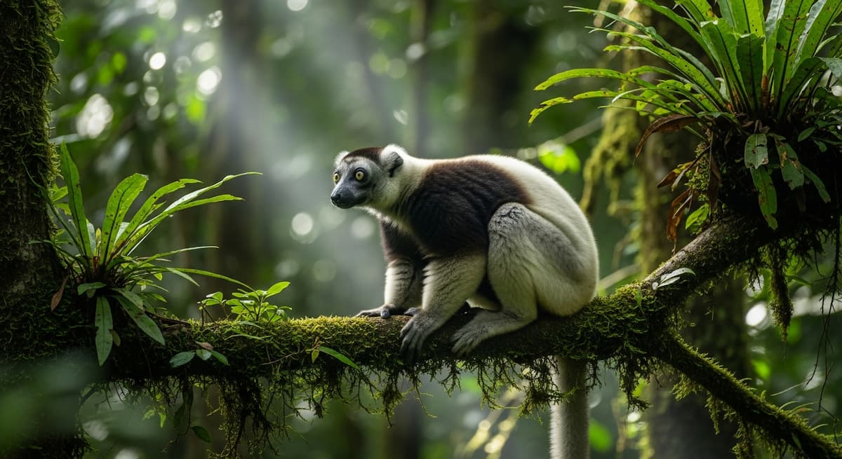 Lémur indri en selva tropical del Parque Nacional Andasibe Madagascar