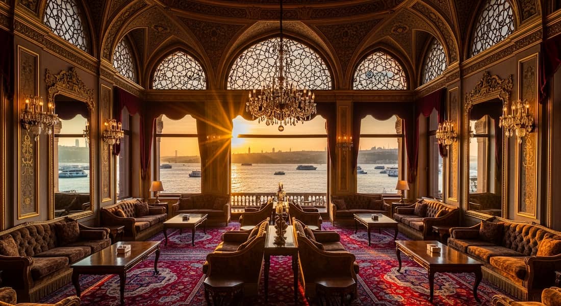 Detalle de la arquitectura otomana con techos decorados en oro y ventanales al Bósforo