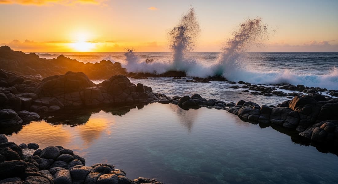 Piscinas naturales de lava volcánica en Porto Moniz bajo la luz dorada del atardecer