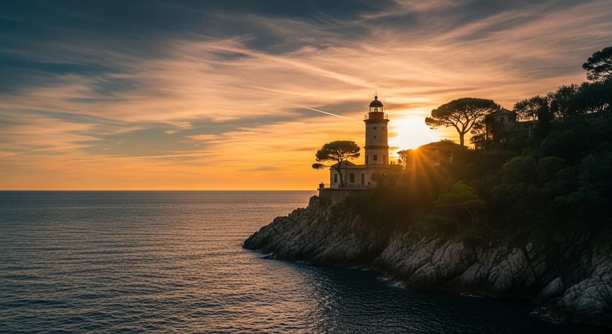 Faro de Portofino al atardecer sobre el mar Mediterráneo