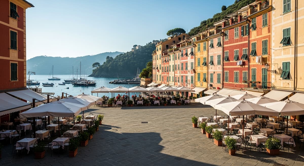 Piazzetta Martiri dell'Olivetta en Portofino con terrazas frente al puerto