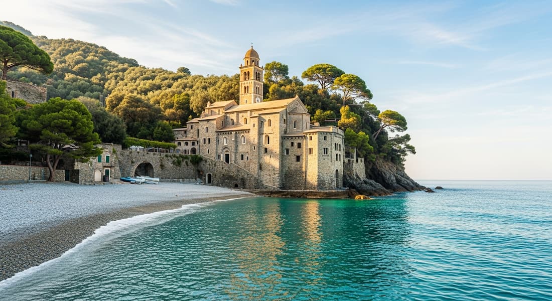 Abadía de San Fruttuoso en cala aislada cerca de Portofino