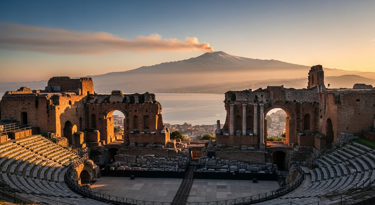 Vistas de coleccionista desde el Teatro Antiguo en Taormina Sicilia 2026