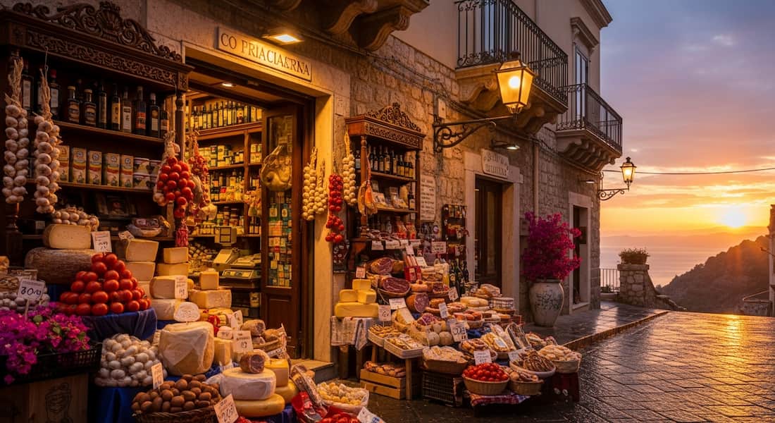 Tienda de alimentos típicos en Taormina Sicilia 2026 al atardecer