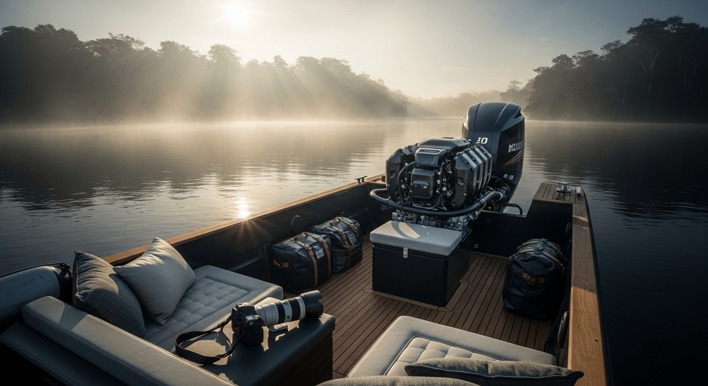 Embarcación de expedición con motor de bajas emisiones en afluente amazónico