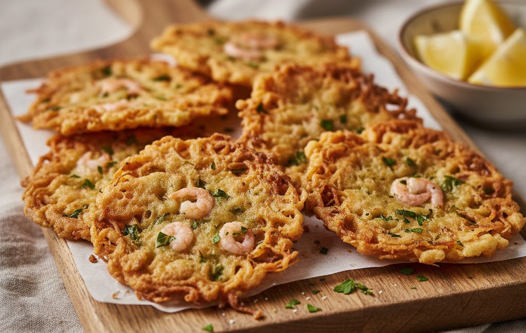 Tortillitas de Camarones - Emblema Gaditano Tortillitas camarones crujientes tapa típica Cádiz ruta tapeo gaditano