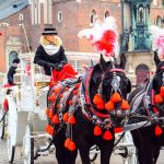 Fila de carrozas blancas con caballos adornados con pompones rojos y cochero con sombrero típico en Cracovia