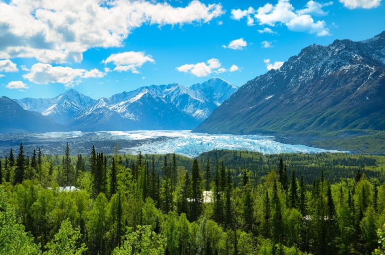 Vista panorámica de un gran lago de Alaska rodeado de bosques y montañas nevadas reflejadas en el agua