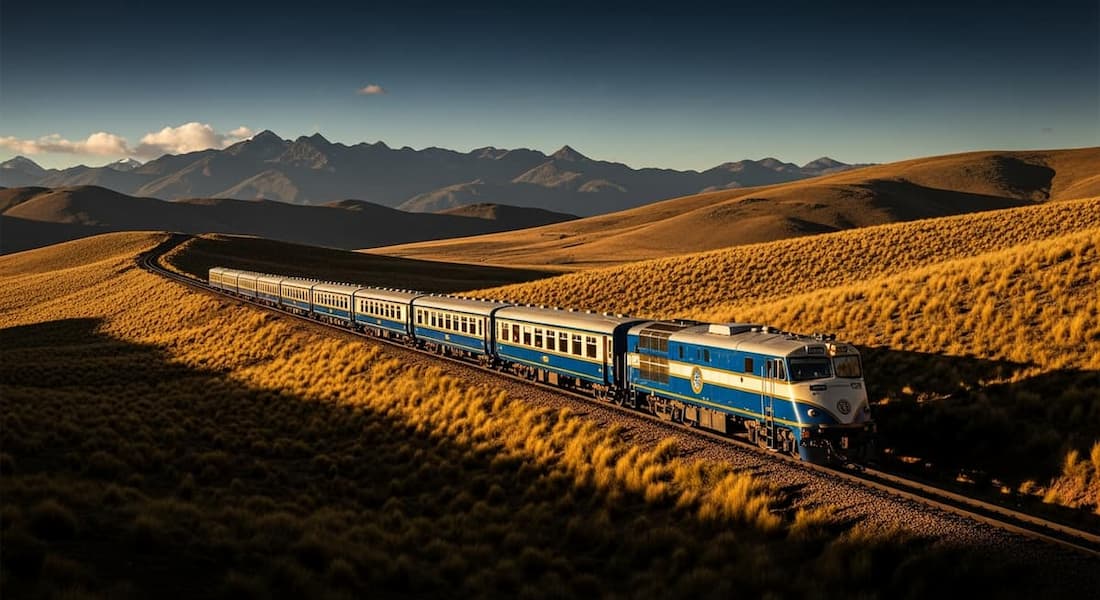 El Belmond Andean Explorer con su librea azul medianoche cruzando el altiplano andino con llamas y montañas nevadas al fondo