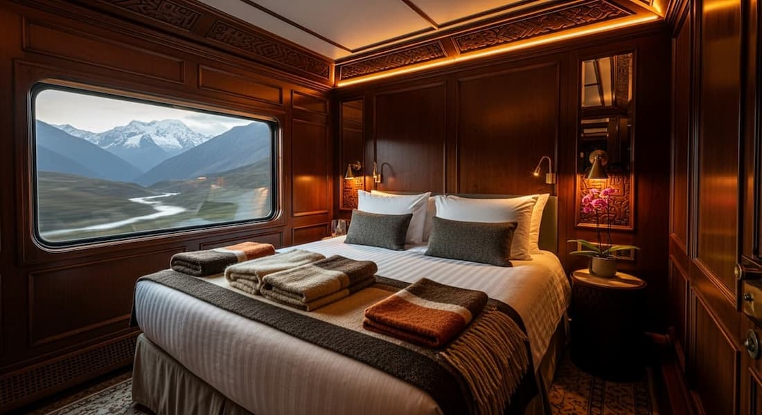 Interior de una cabina del Belmond Andean Explorer con decoración en lana de alpaca y ventana panorámica sobre el altiplano peruano