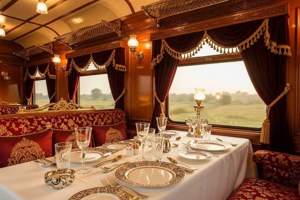 Interior del vagón restaurante del Maharajas' Express con decoración real india, mesas con mantelería de lujo e iluminación cálida