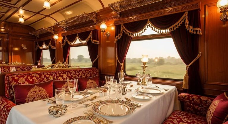 Interior del vagón restaurante del Maharajas' Express con decoración real india, mesas con mantelería de lujo e iluminación cálida