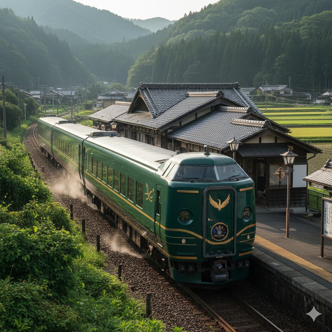 Seven Stars in Kyushu — el tren exterior en una estación rural japonesa al amanecer El Seven Stars in Kyushu con su librea verde y dorada parado en una estación rural de Japón rodeada de colinas