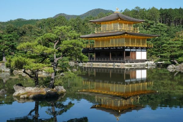 El Pabellón Dorado Kinkaku-ji de Kioto reflejado en el estanque con vegetación otoñal