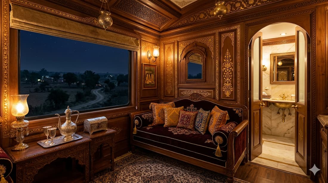 Interior de la Presidential Suite del Maharajas' Express con decoración real india, salón y ventana panorámica