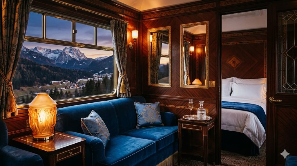 Interior del Grand Suite del Venice Simplon-Orient-Express con paneles de madera Art Déco, lámpara de Lalique y ventana con paisaje alpino